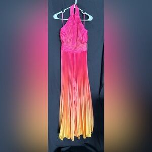 Mac Duggal 49869 NWT Vibrant Pink and Orange Halter Pleated Jumpsuit